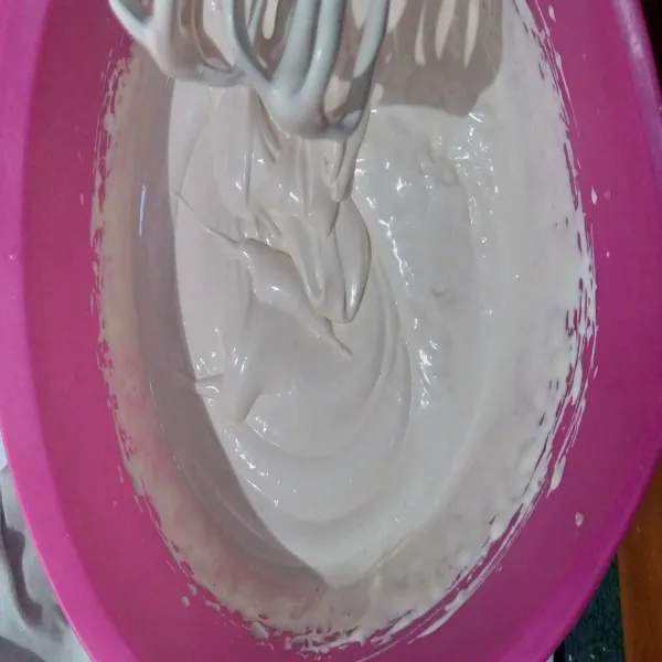 Cairan mentega, kocok telur gula vanili hingga putih berjejak tambahkan santan mixer kembali