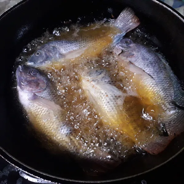 Siangi ikan nila,marinasi dengan garam dan perasan jeruk nipis,lalu goreng setengah matang.