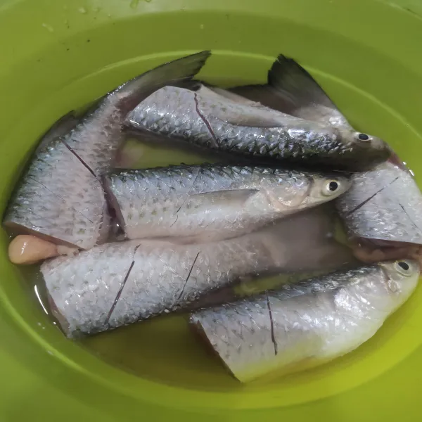 Rendam ikan yang sudah dibersihkan dengan 1/2 sdt garam dan jeruk nipis, diamkan selama 20 menit lalu cuci kembali.