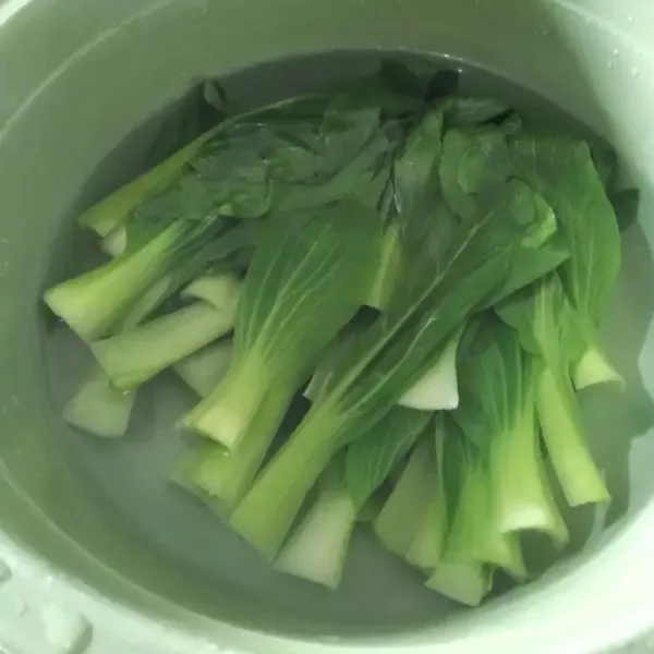 Angkat lalu masukan ke dalam air di wadah agar pakcoy tetap segar dan berwarna hijau cerah, sisihkan.