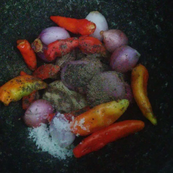 Uleg bawang merah, cabe rawit, bawang putih, lada bubuk, dan garam.