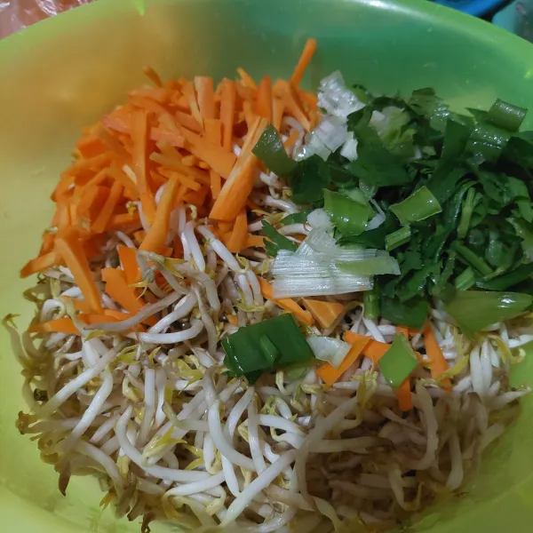 Siapkan wortel, tauge, dan daun bawang dalam 1 wadah.