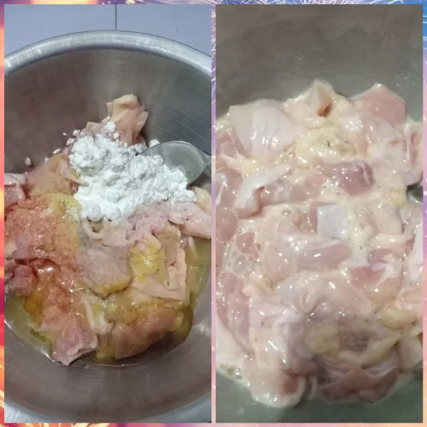 Masukan Garam, kaldu ayam, merica bubuk, bubuk bawang putih, putih telur , baking soda dan maizena. Aduk Rata simpan selama 30 menit.