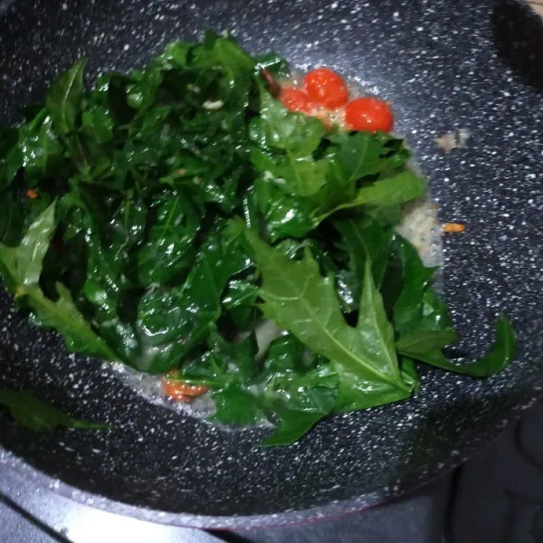 Masukkan daun pepaya Jepang dan air. Masak hingga matang dan empuk, jangan overcook.