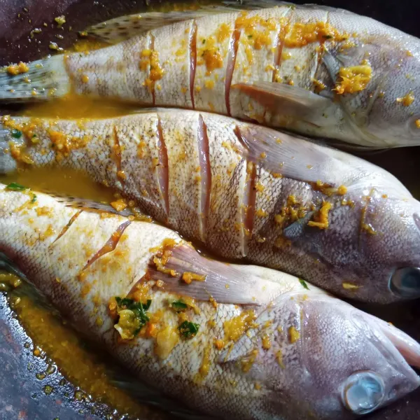 Marinasi ikan kerapu dengan bumbu, diamkan selama 1 jam atau lebih agar bumbu meresap.