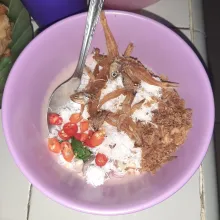 Campurkan ikan teri goreng dan potongan cabai.