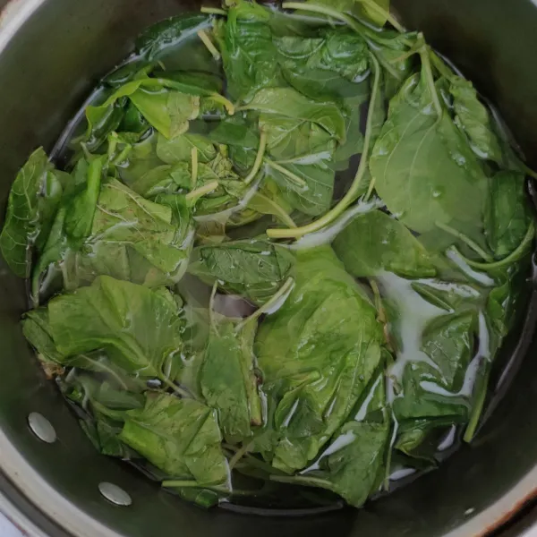 Rebus bayam hingga berwarna hijau tua, tiriskan, kemudian peras, kemudian cincang.