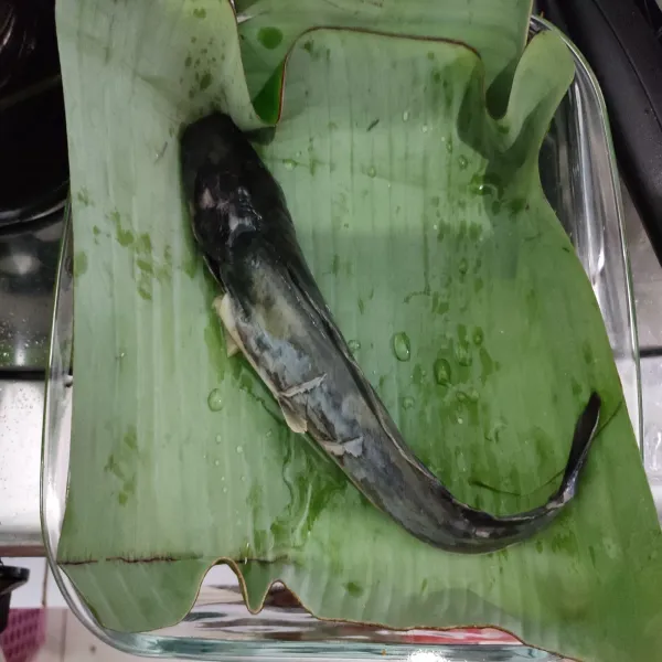 Tata daun pisang di loyang atau wajan tahan panas, kemudian letakkan ikan lele di atasnya.