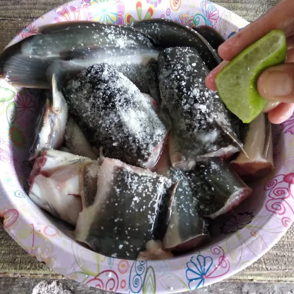 Cuci bersih ikan lele dan potong menjadi 3 bagian, lalu taburi ikan lele dengan garam dan perasaan jeruk nipis, kemudian balur hingga seluruh bagian ikan lele terlumuri dengan rata, sisihkan dan marinasi selama 10 menit.