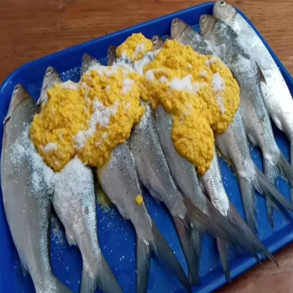 Baluri ikan dengan bumbu yang sudah dihaluskan, lalu tambahkan garam dan penyedap rasa.