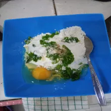 Masukkan daun bawang, garam, penyedap, bawang putih bubuk, lada bubuk dan telur.
