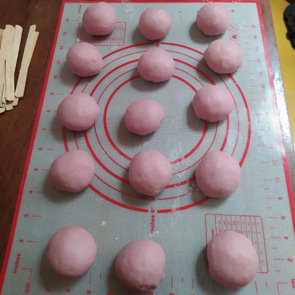 Kempiskan adonan.
Bagi dan timbang menjadi 15 pcs, lalu bulat-bulatkan.