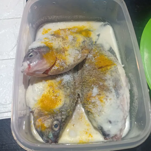 Campur ikan dengan bumbu halus sampai rata, simpan dalam kulkas selama 1 jam.