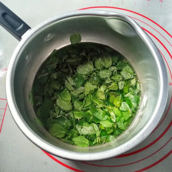 Setelah uap panasnya berkurang masukkan daun mint, tutup pancinya dan biarkan sampai dingin.