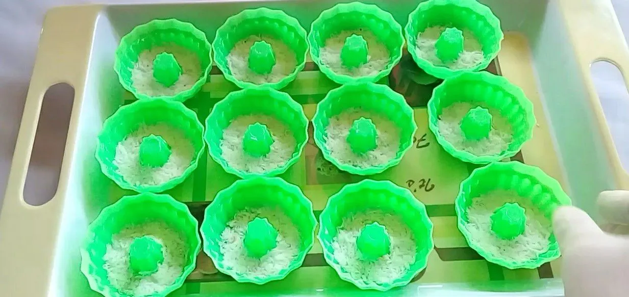Siapkan cetakan olesi dengan minyak, beri parutan kelapa sebagian sambil di tekan, sisihkan.