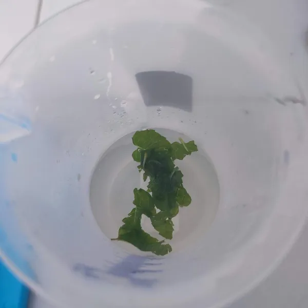 Cuci bersih daun mint kemudian remas-remas dan masukkan ke dalam air gula. 
Aduk hingga aroma daun mint tercampur dengan air gula.