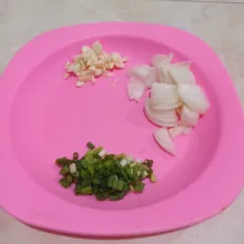 Iris halus bawang Bombay, daun bawang dan bawang putih