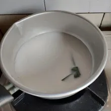 Siapkan wadah, masukan santan, daun pandan, dan sejumput garam, masak hingga mendidih, aduk-aduk supaya tidak pecah.