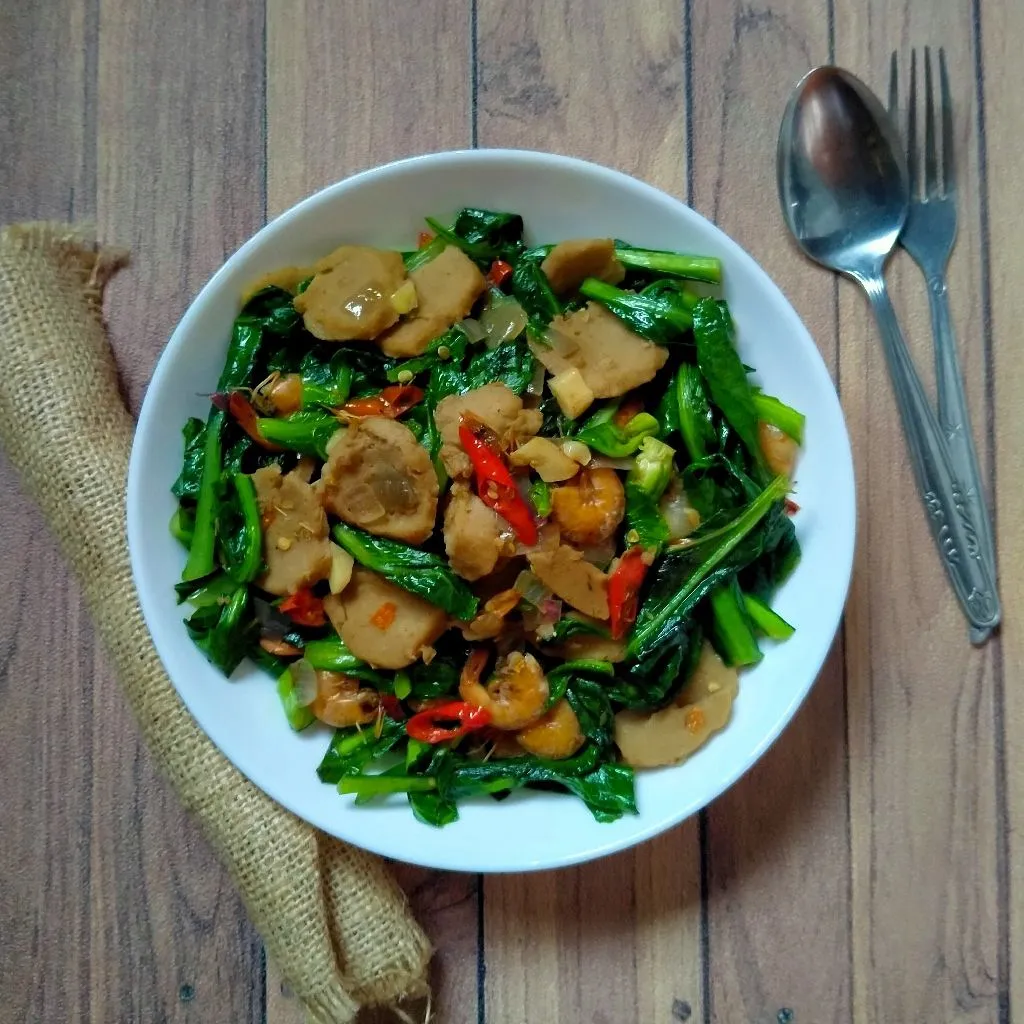 Tumis Daun Kembang Kol Udang Bakso