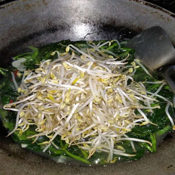 Setelah kangkung layu tambahkan air, garam dan kaldu bubuk, aduk rata, biarkan air mendidih, lalu matikan api dan masukkan cambah, tutup wajan agar cambah layu dan siap disajikan.