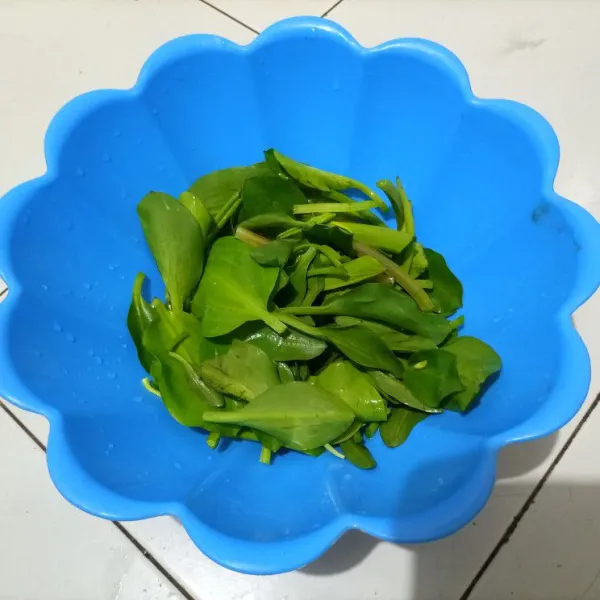 Bersihkan dan pilih daun genjer yang masih muda lalu potong-potong sesuai selera.