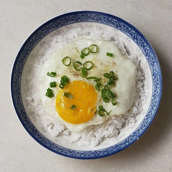 Letakkan telur ceplok di atas nasi dan taburi dengan irisan daun bawang.