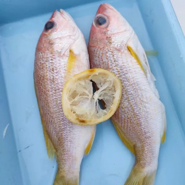Bersihkan ikan, kemudian cuci bersih. Lumuri dengan air perasan jeruk nipis dan diamkan selama ± 5 menit.