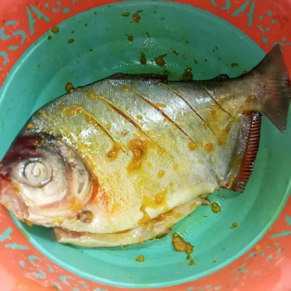 Baluri ikan dengan bumbu halus dan jeruk hingga merata.