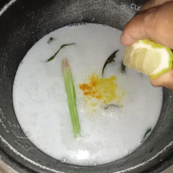 Tambahkan kunyit bubuk, garam, kaldu jamur dan perasan jeruk, aduk rata.