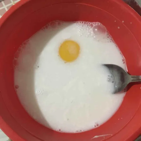 Siapkan santan masukkan telur aduk hingga tercampur merata.