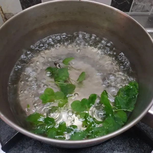 Rebus air sampai mendidih, kemudian remas daun mint dan masukkan dalam rebusan air. Biarkan sampai daun mint layu dan aroma mint tercium. Matikan kompor.