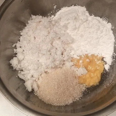 Tambahkan tepung ketan, kelapa parut, gula pasir, garam, minyak sayur.