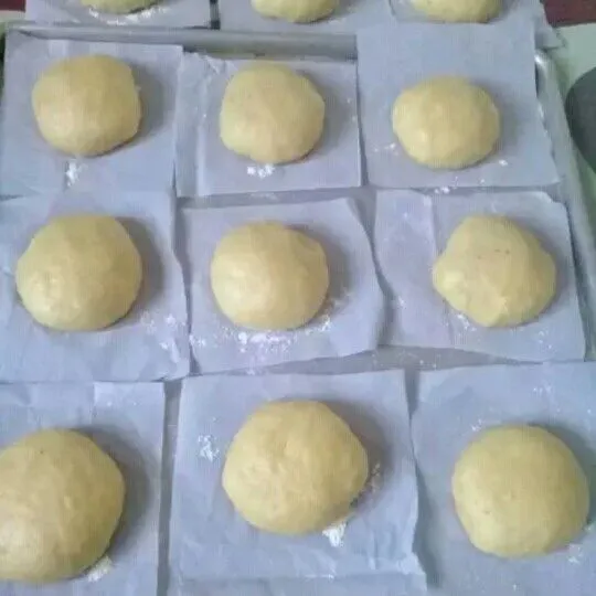 Bagi adonan sesuai selera lalu bulatkan, letakkan pada keeyas roti yang sudah ditaburi tepung, diamkan hingga mengembang 2x lipat.