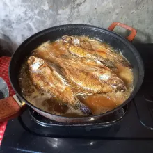 Panaskan minyak goreng. Masukkan ikan mujair. Goreng ikan sampai kecoklatan.