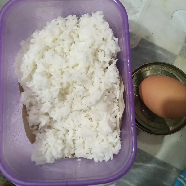 Siapkan nasi dingin, telur dan tuna kaleng.
