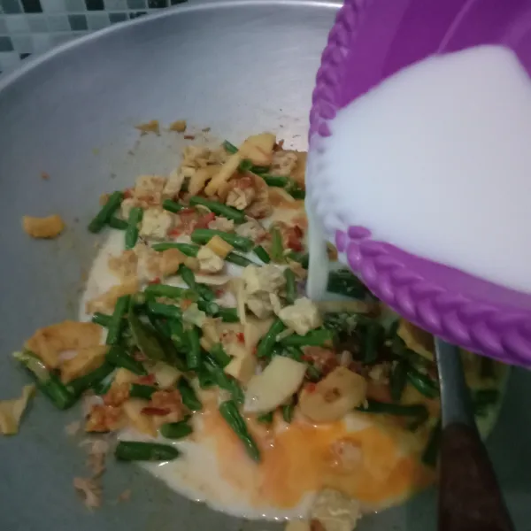 Masukkan santan. Tambahkan garam, gula dan kaldu ayam.