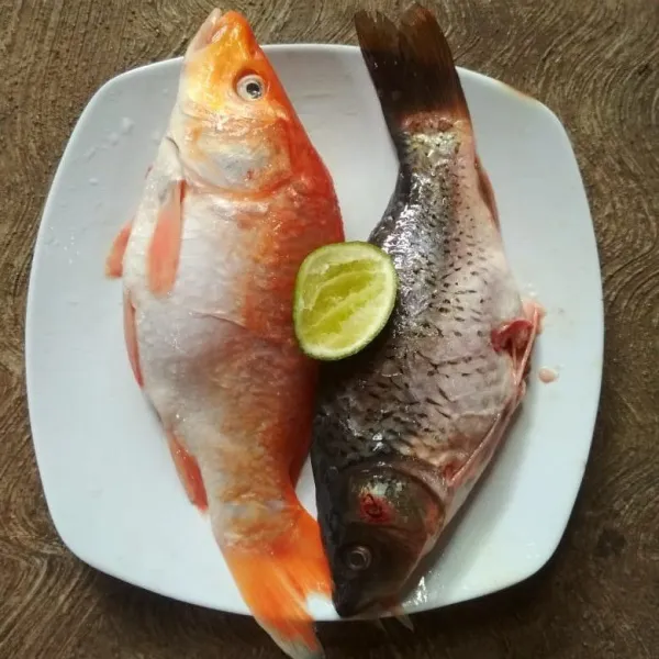 Bersihkan ikan sisik dan jerohan ikan, lalu cuci bersih. Kemudian beri perasan jeruk nipis dan sisihkan.