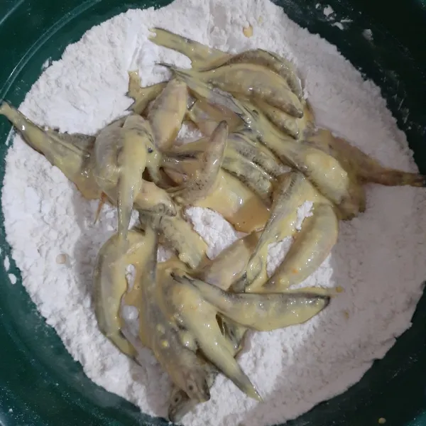Letakkan ikan pada bahan kering, aduk rata hingga ikan terbalur tepung.
