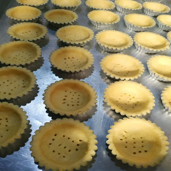 Oles cetakan pie dengan margarin lalu cetak adonan kulit pie buat lubang kecil menggunakan garpu di dasar cetakan agar nanti pas dioven kulit pie tidang menggelembung.