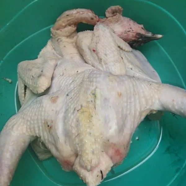 Siapkan ayam kampung yang sudah dicuci, kemudian belah bagian dada ayam.