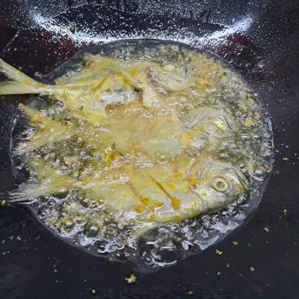 Panaskan minyak goreng secukupnya dengan api kecil cenderung sedang. Goreng ikan sampai matang di kedua sisi. Angkat dan sajikan.