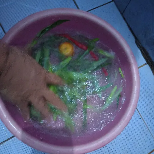 Cuci bersih kangkung, tomat dan cabe.