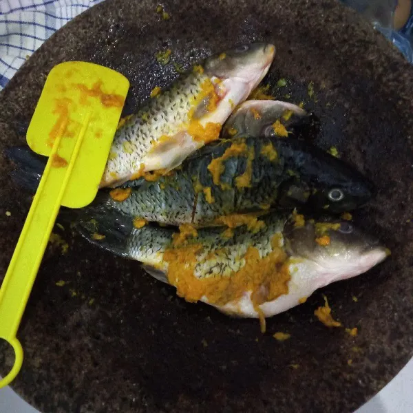 Ulek bawang merah, bawang putih, jahe, kunyit, garam, penyedap kemudian baluri pada ikan dengan merata, diamkan satu jam.