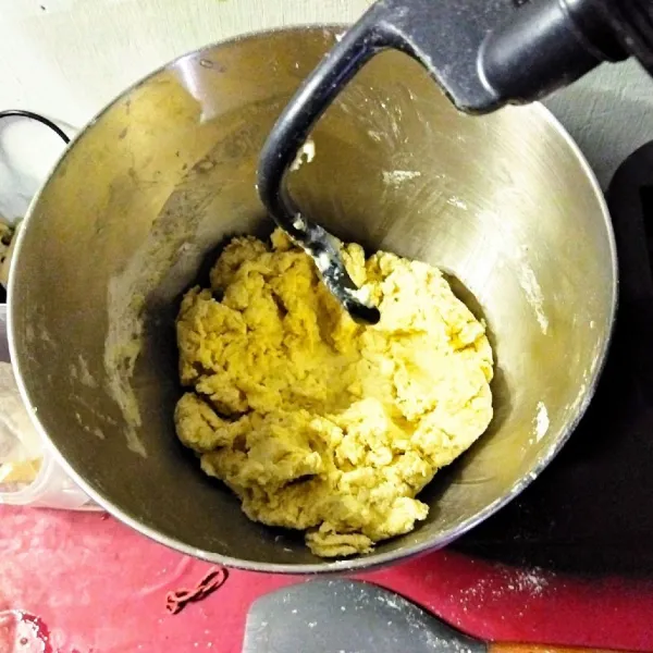 Campur terigu, gula, kuning telur, ragi dan air, mxer dengan kepala mixer hook hingga tercampur.