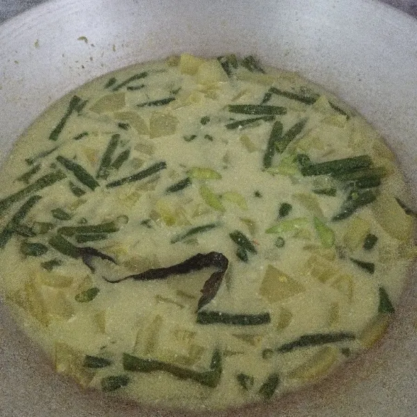 Masak sampai mendidih dan bumbu meresap. Taburi cabe rawit hijau. Aduk-aduk jangan sampai santan pecah. Tes rasanya, angkat dan sajikan.