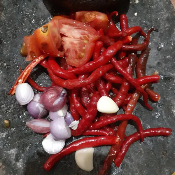 Letakkan cabe, tomat, bawang merah dan bawang putih pada cobek.