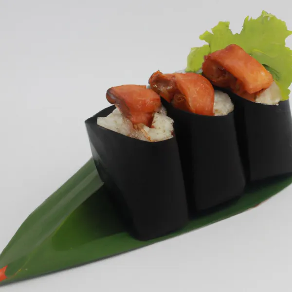 Penyusunan: Taruh nasi sushi di atas daun pisang atau daun lettuce. Tambahkan ikan, sayuran, dan saus di atas nasi. Lipat burrito dengan rapat dan potong menjadi potongan-potongan sebelum disajikan.