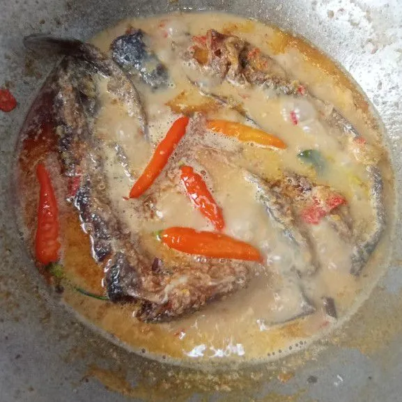 Setelah kuah santan mendidih, tambahkan garam, gula pasir dan kaldu jamur. Aduk merata. Koreksi rasa. Masukkan ikan lele goreng dan cabai rawit utuh. Aduk perlahan agar. Masak kurang lebih 5-10 menit. Sampai kuah berkurang dan bumbu meresap.