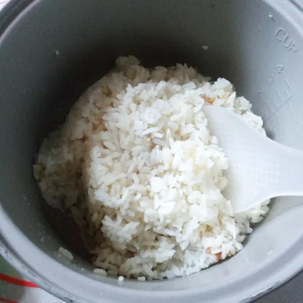 Masak seperti biasa. Setelah tombol pindah ke warm, buka tutup rice cooker. Angkat jahe dan ayamnya, aduk nasi dan cek rasa.