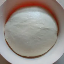 Diamkan hingga adonan mengembang 2x lipat. Kempeskan adonan. Bagi adonan sesuai selera (sesuai loyang).